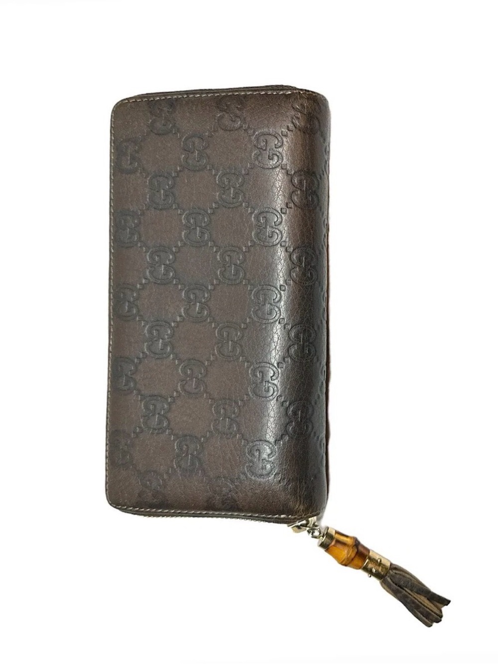 Gucci Brown Embossed GG Zip Card Holder with Tassel